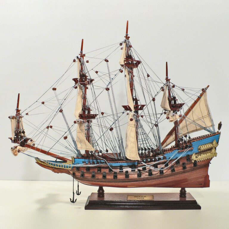 Handcrafted ship model from wood of the Wasa (blue)